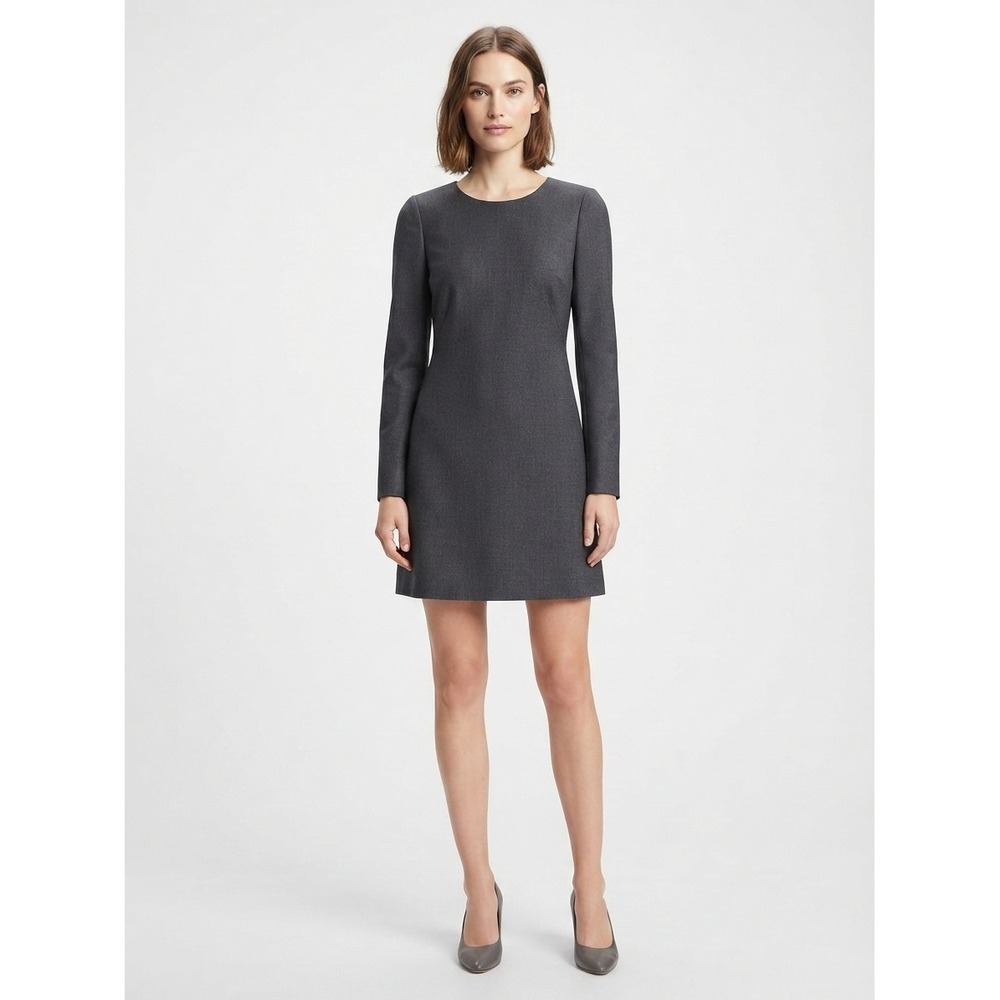Theory Wool Blend Dress Long Sleeve Shift Mini Dark Gray Size 4 Four